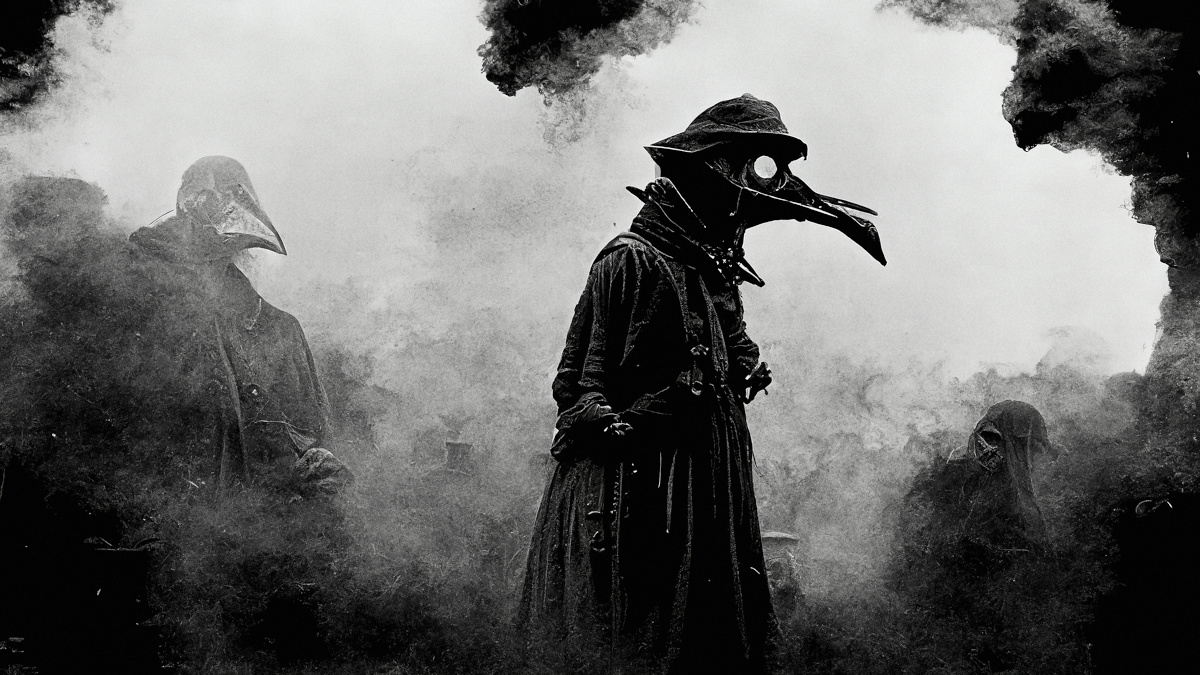Monochromatic image with a masked plague doctor in the foreground and a smoky background. Image generated using AI by Olivia. Source: Adobe stock image.