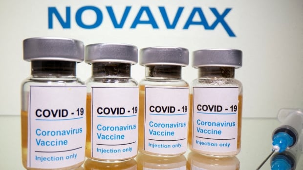 Photo of bottles of Novavax vaccine.