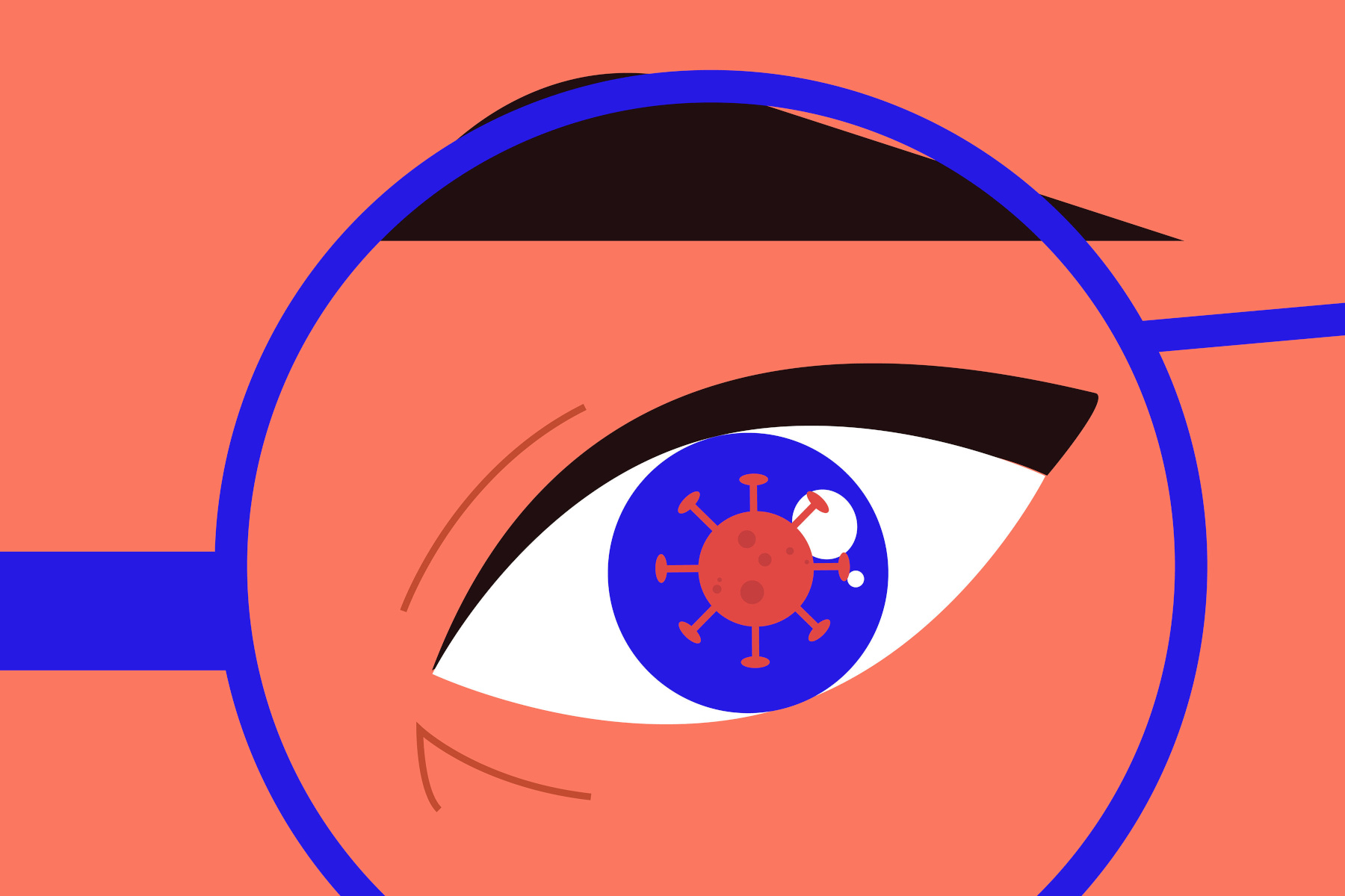 Illustration of an eye with a SARS-CoV-2 virus particle; with blue, black and coral pink colours. Illustration by Monika Jurczyk / Adobe.